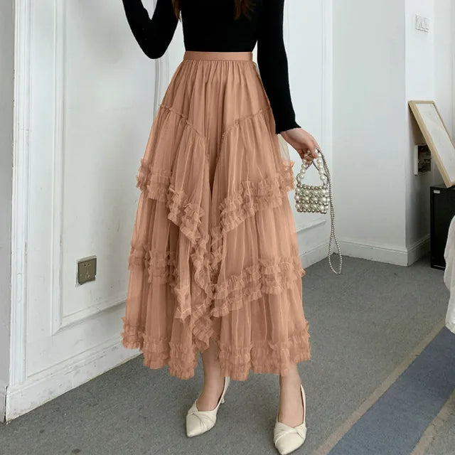 Clementine - Tiered Tulle Maxi Skirt — Khaki