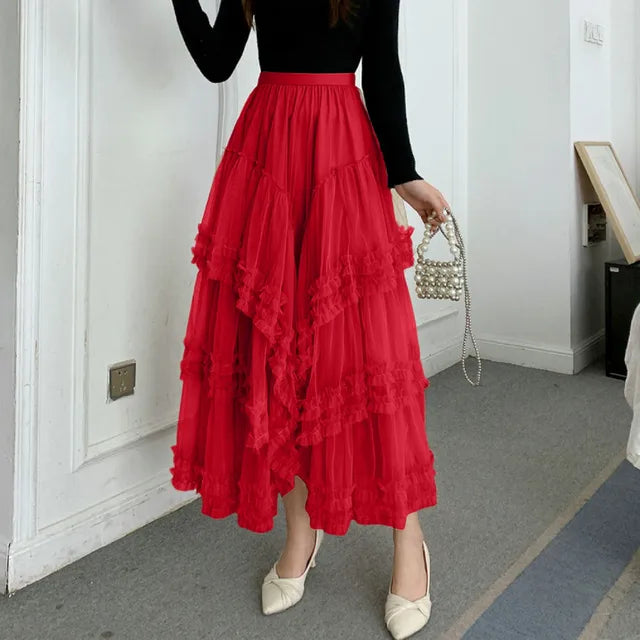 Clementine - Tiered Tulle Maxi Skirt — Red