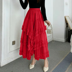 Clementine - Tiered Tulle Maxi Skirt — Red