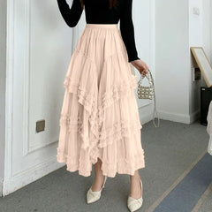 Clementine - Tiered Tulle Maxi Skirt — Beige
