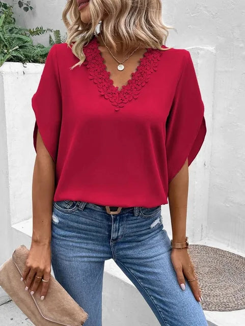 Ella - Satin Top with Lace Neckline — Red