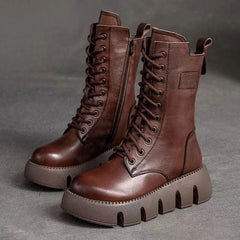 Genevieve - Leather Lace up Platform Boots — Brown