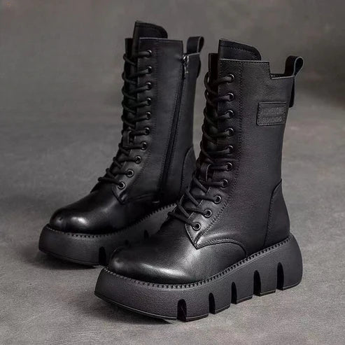 Genevieve - Leather Lace up Platform Boots — Black