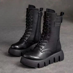 Genevieve - Leather Lace up Platform Boots — Black