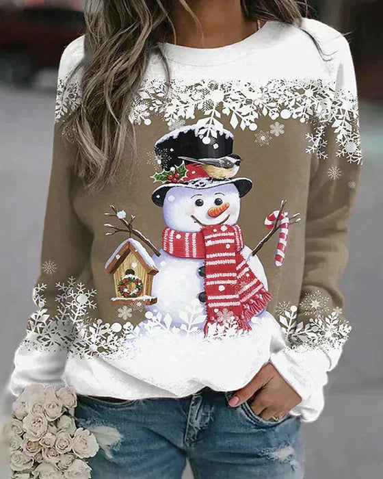 Rochelle - Snowman Print Sweatshirt — Khaki