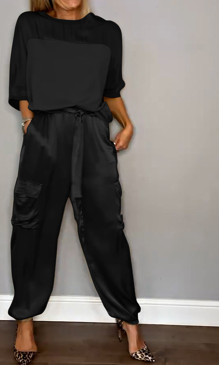 Emma - Satin Top and Jogger Set — Black