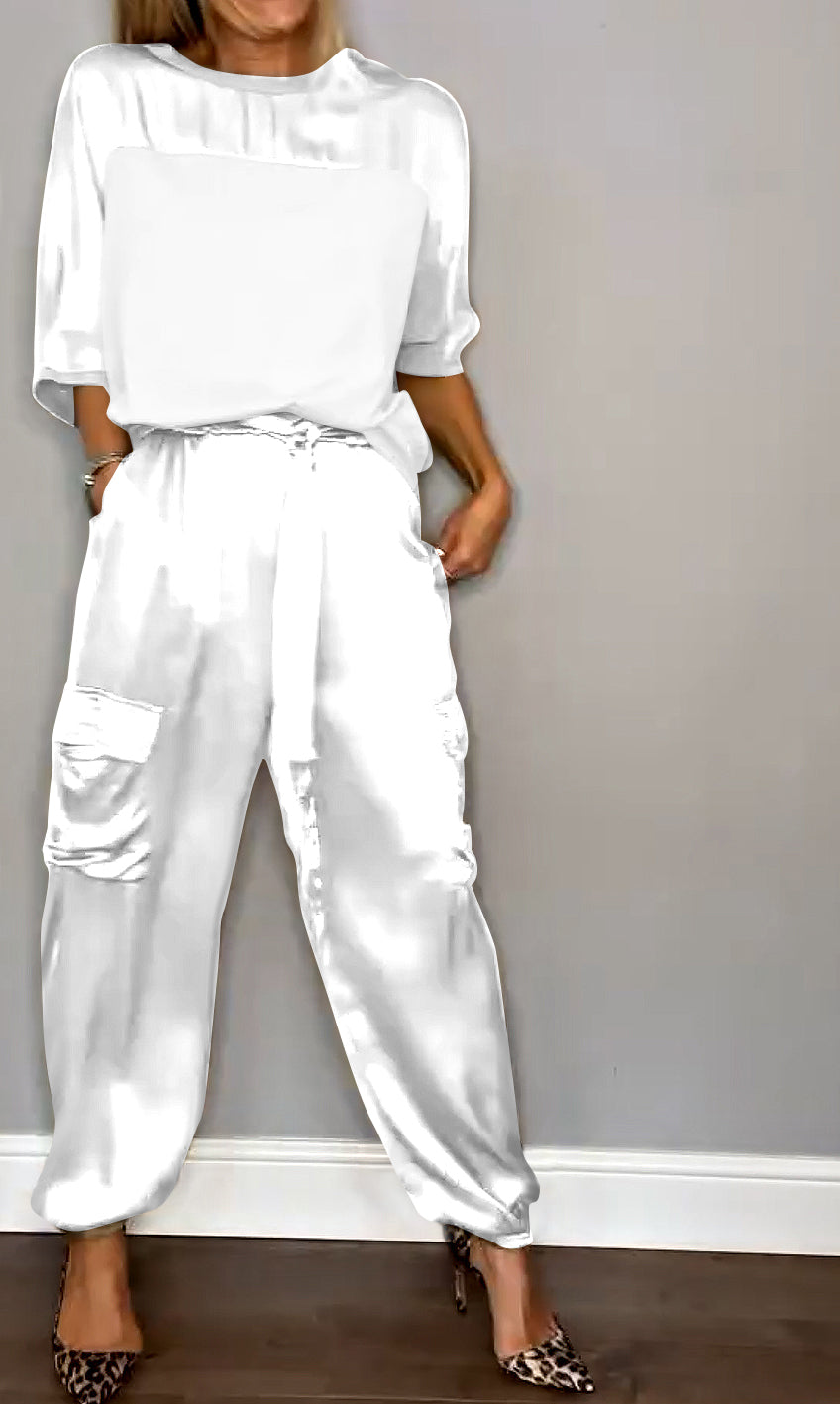 Emma - Satin Top and Jogger Set — White