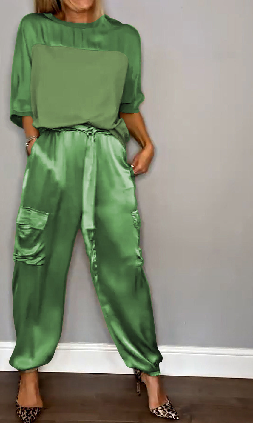 Emma - Satin Top and Jogger Set — Green