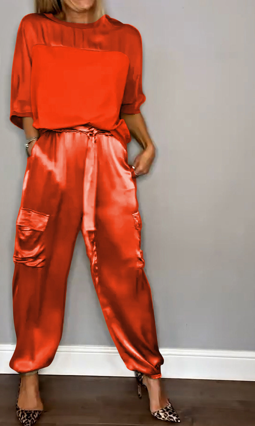 Emma - Satin Top and Jogger Set — Red