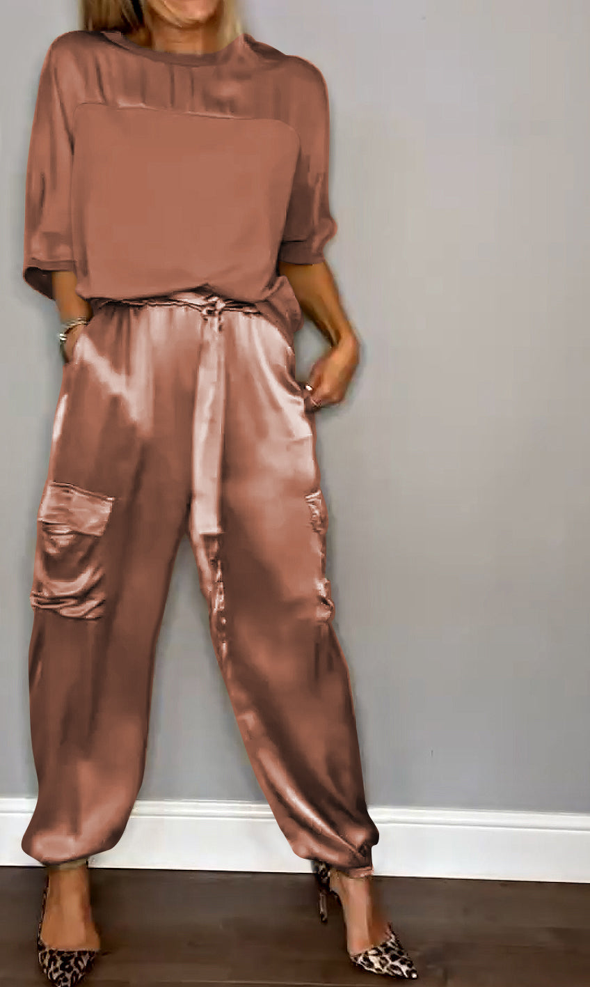 Emma - Satin Top and Jogger Set — Brown