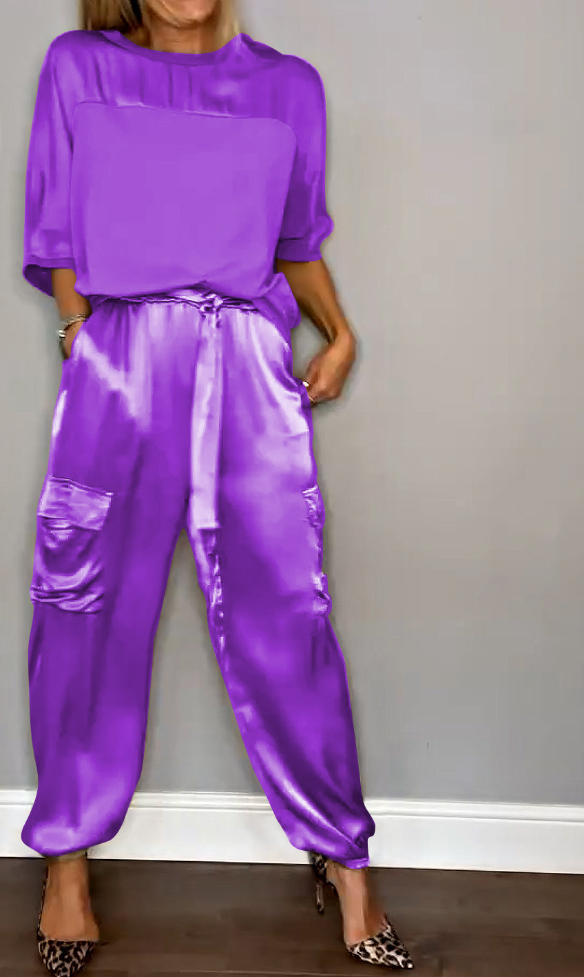 Emma - Satin Top and Jogger Set — Purple