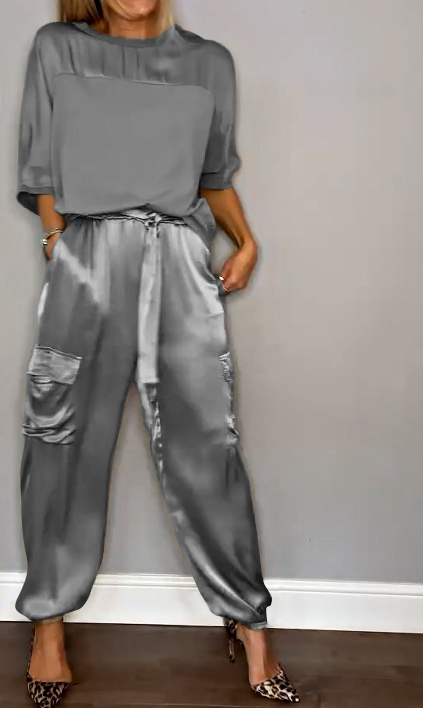 Emma - Satin Top and Jogger Set — Gray