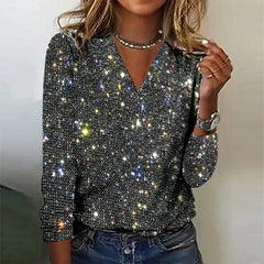 Courtney - Sequin V Neck Top — Black