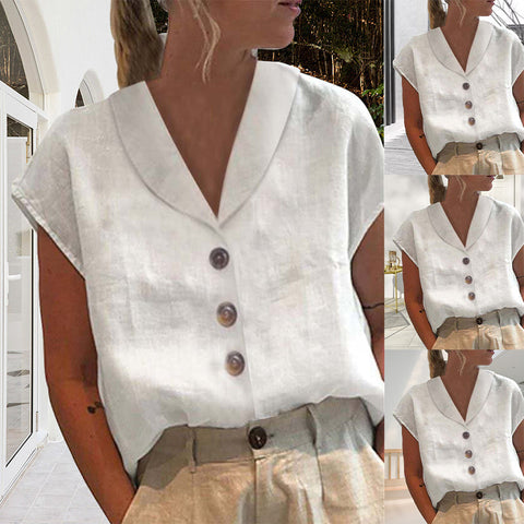 Arabella - Linen Collared Button Top — White