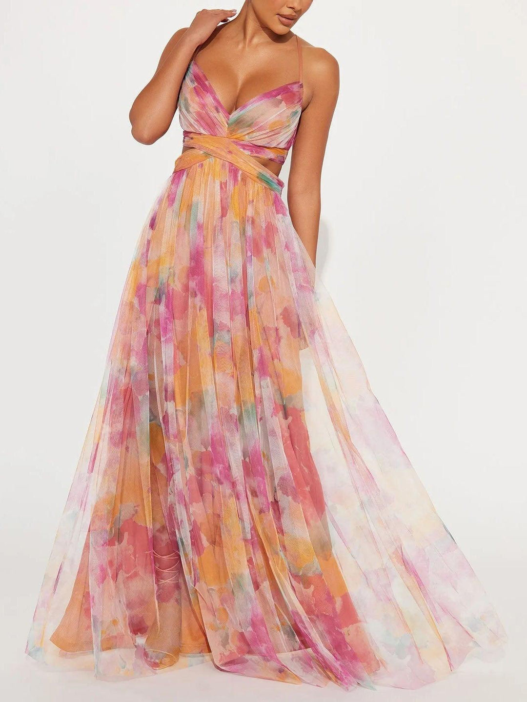 Aurelie - Painted Floral Tulle Maxi Dress