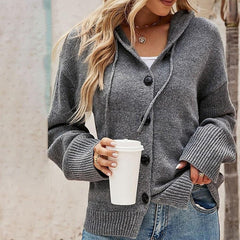 Christina - Hooded Button Knit Cardigan — Grey