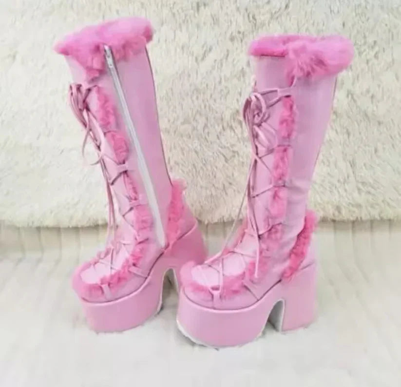 Phoebe - Lace up Faux Fur Boots — Pink