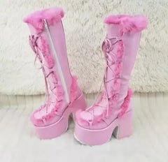 Phoebe - Lace up Faux Fur Boots — Pink