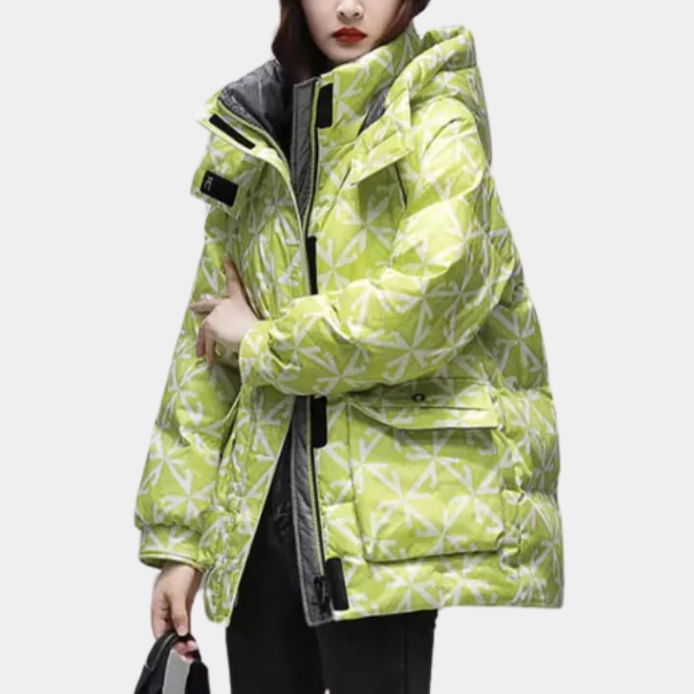 Annalise - Geometric Print Hooded Coat — Green