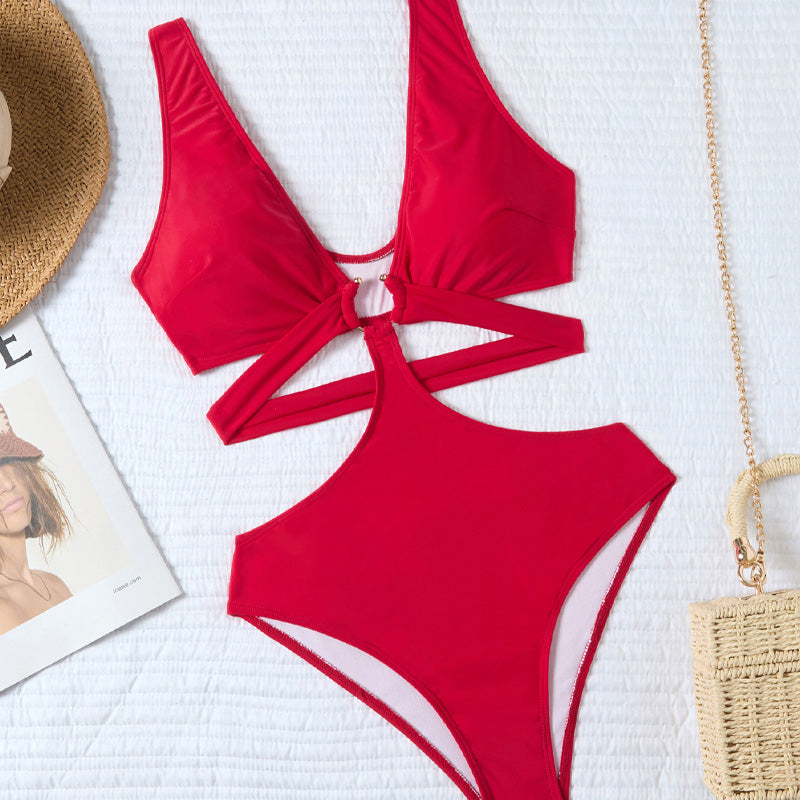 Arabella - Cutout Swimsuit with Ring — Red