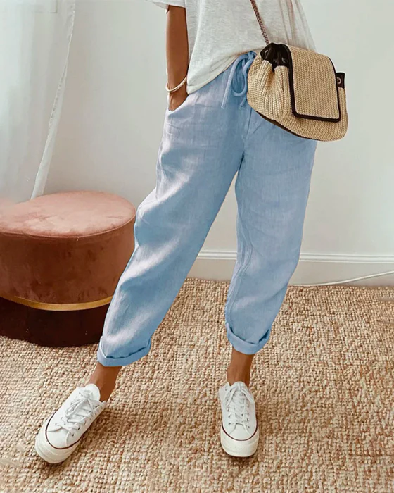 Maryanne - Linen Cuffed Trousers — Blue