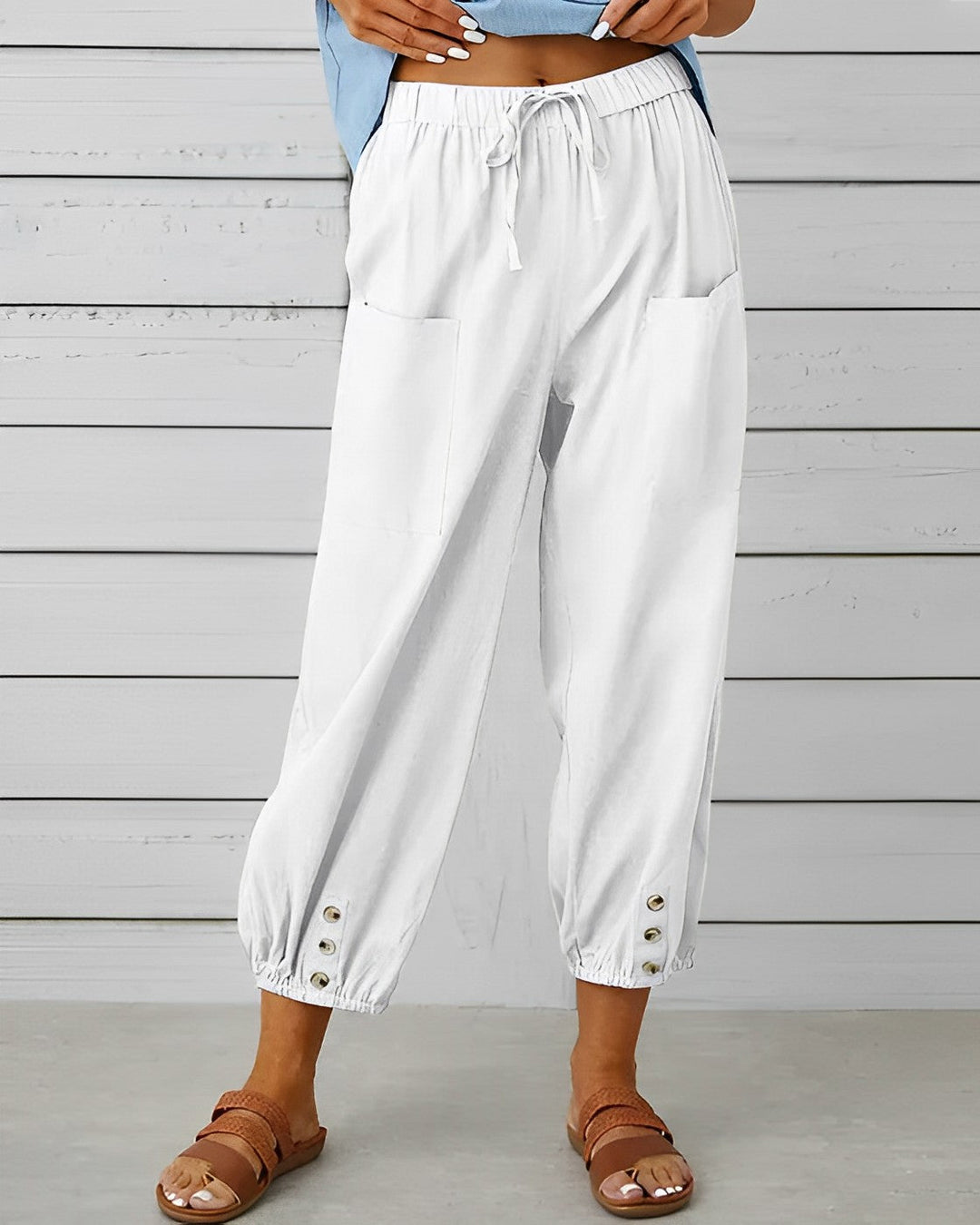 Virginia - Linen Trousers with Button Cuff — White