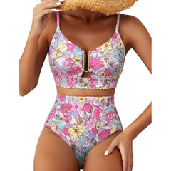 Gwendolyn - Floral Bikini with Gold Trim — Pink Flowers