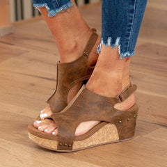 Penelope - Cutout Cork Wedge Sandals — Brown