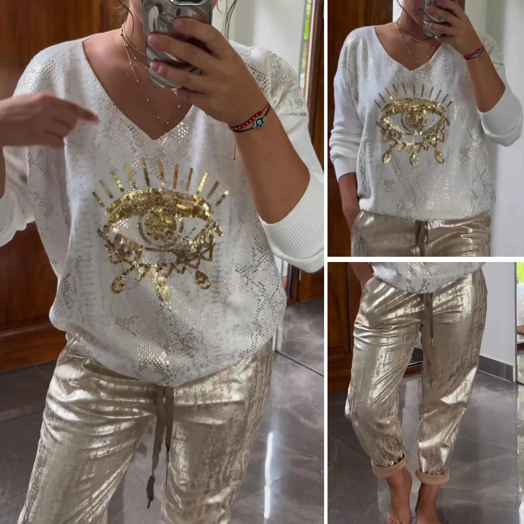 Mia - Sequin Top and Metallic Trousers — Gold