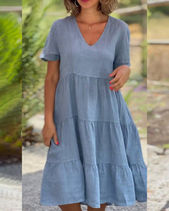 Elsie - Tiered V Neck Midi Dress — Blue