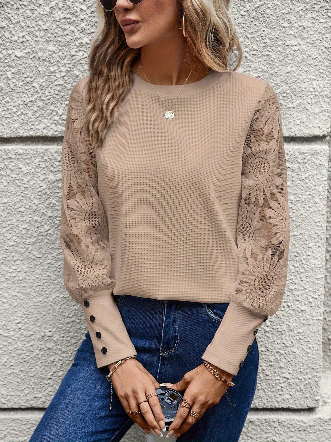 Annabelle - Top with Lace Sleeves — Apricot