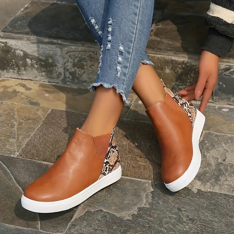 Madeleine - Boots with Snake Print Panel — Light brown