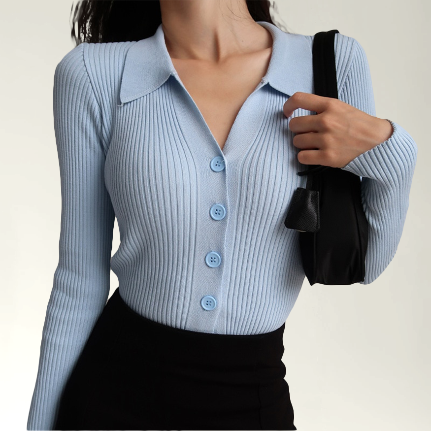 Fernanda - Ribbed Knit Polo Top — Blue