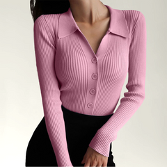 Fernanda - Ribbed Knit Polo Top — Pink
