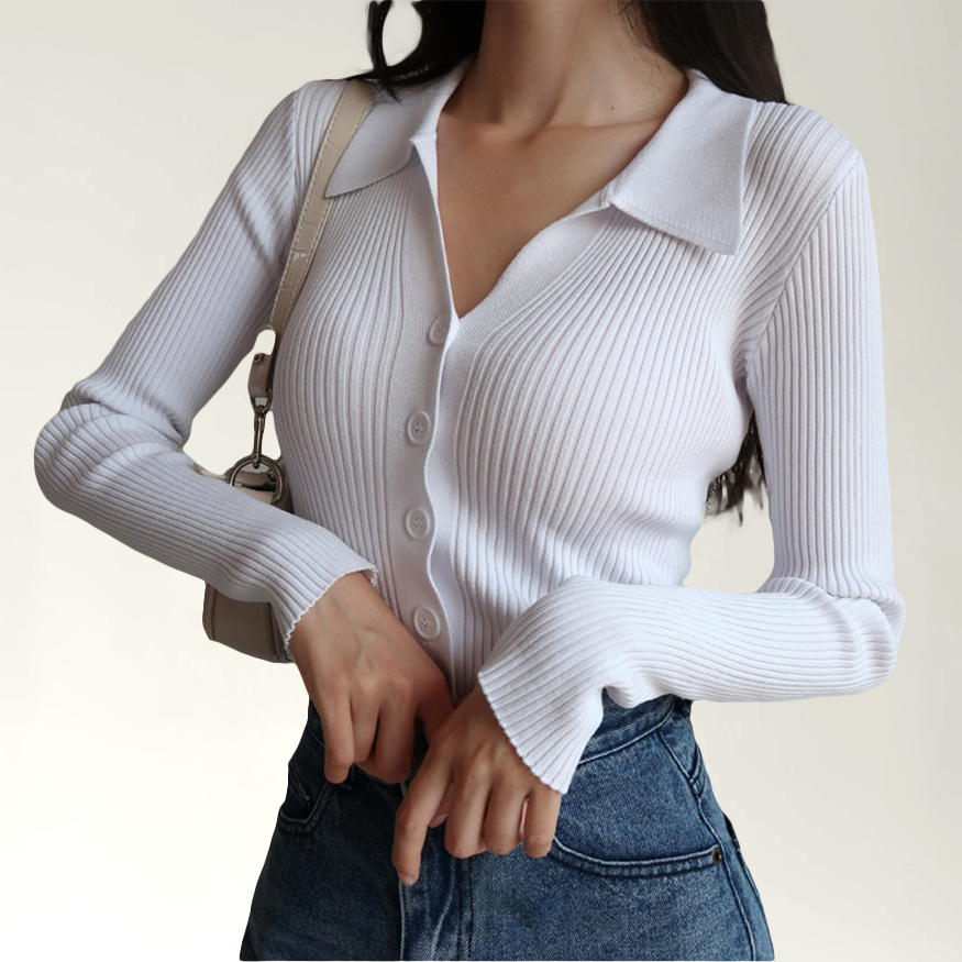 Fernanda - Ribbed Knit Polo Top — White
