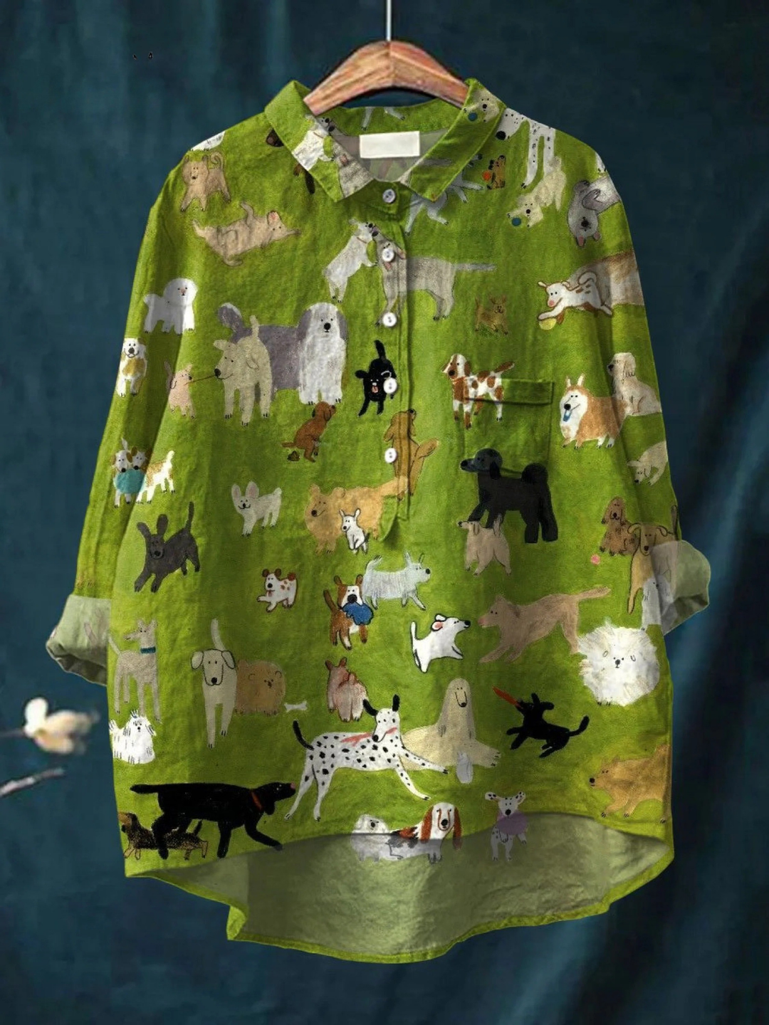 Christina - Green Shirt with Dog Print — Multicoloured