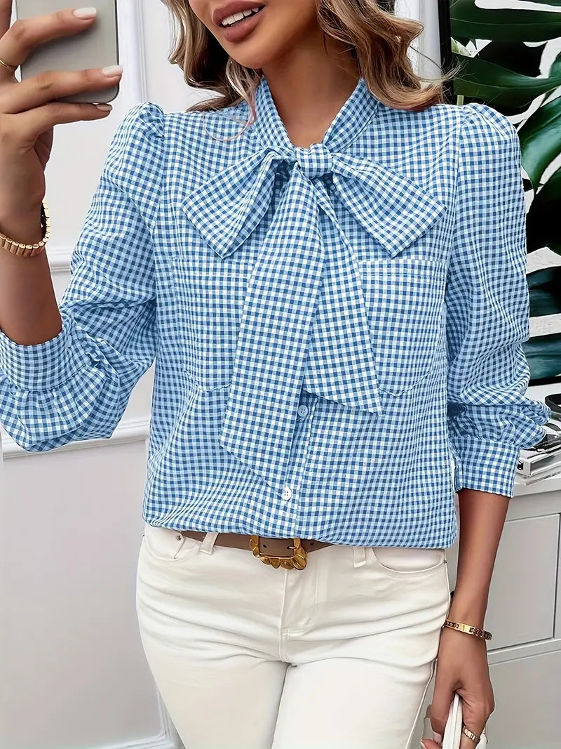 Aurora - Gingham Blouse with Bow — Blue