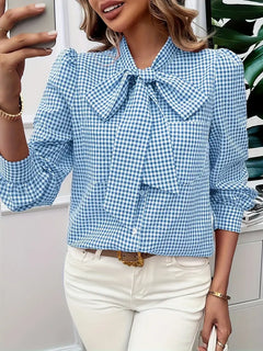 Aurora - Gingham Blouse with Bow — Blue