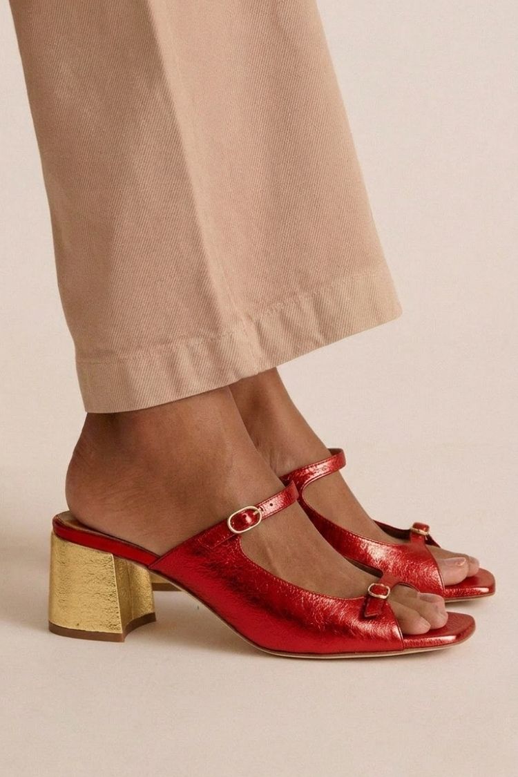 Stephanie - Metallic Block Heel Mules — Red