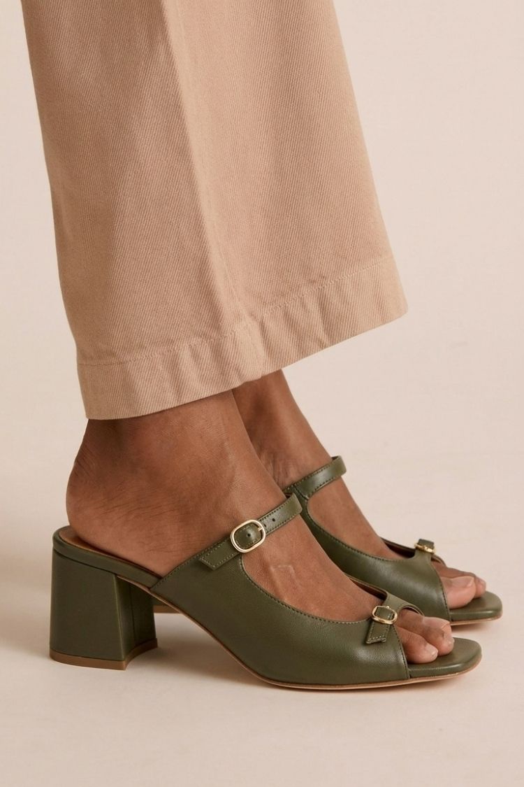 Stephanie - Metallic Block Heel Mules — Military Green