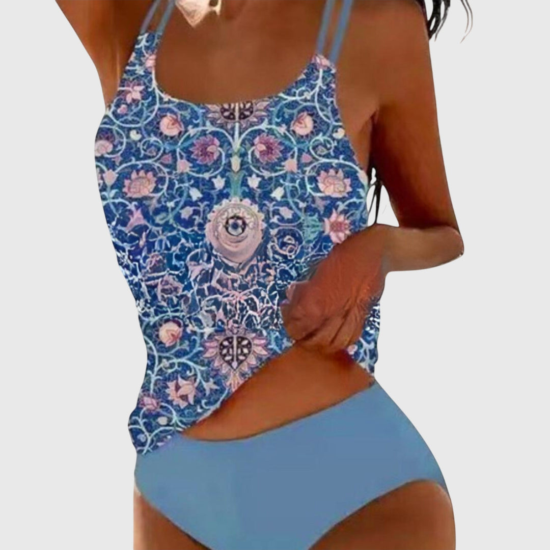 Cassidy - Folk Print Two Tone Swimsuit — Navy