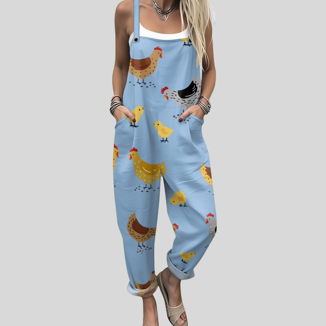 Erin - Light Blue Overalls with Hen Print | Willa Melbourne