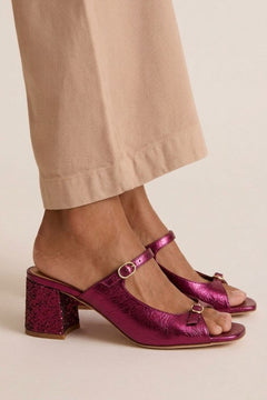 Stephanie - Metallic Block Heel Mules — Fuchsia