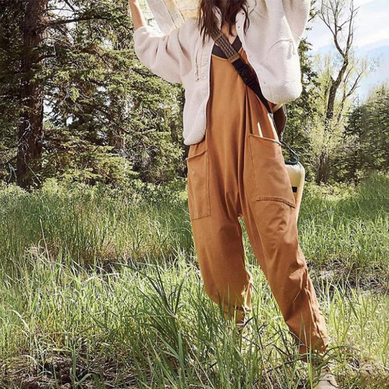 Sarah - Corduroy Pocket Dungarees — Brown