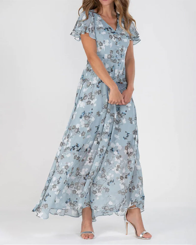 Victoria - Floral Chiffon Maxi Dress — Light Blue