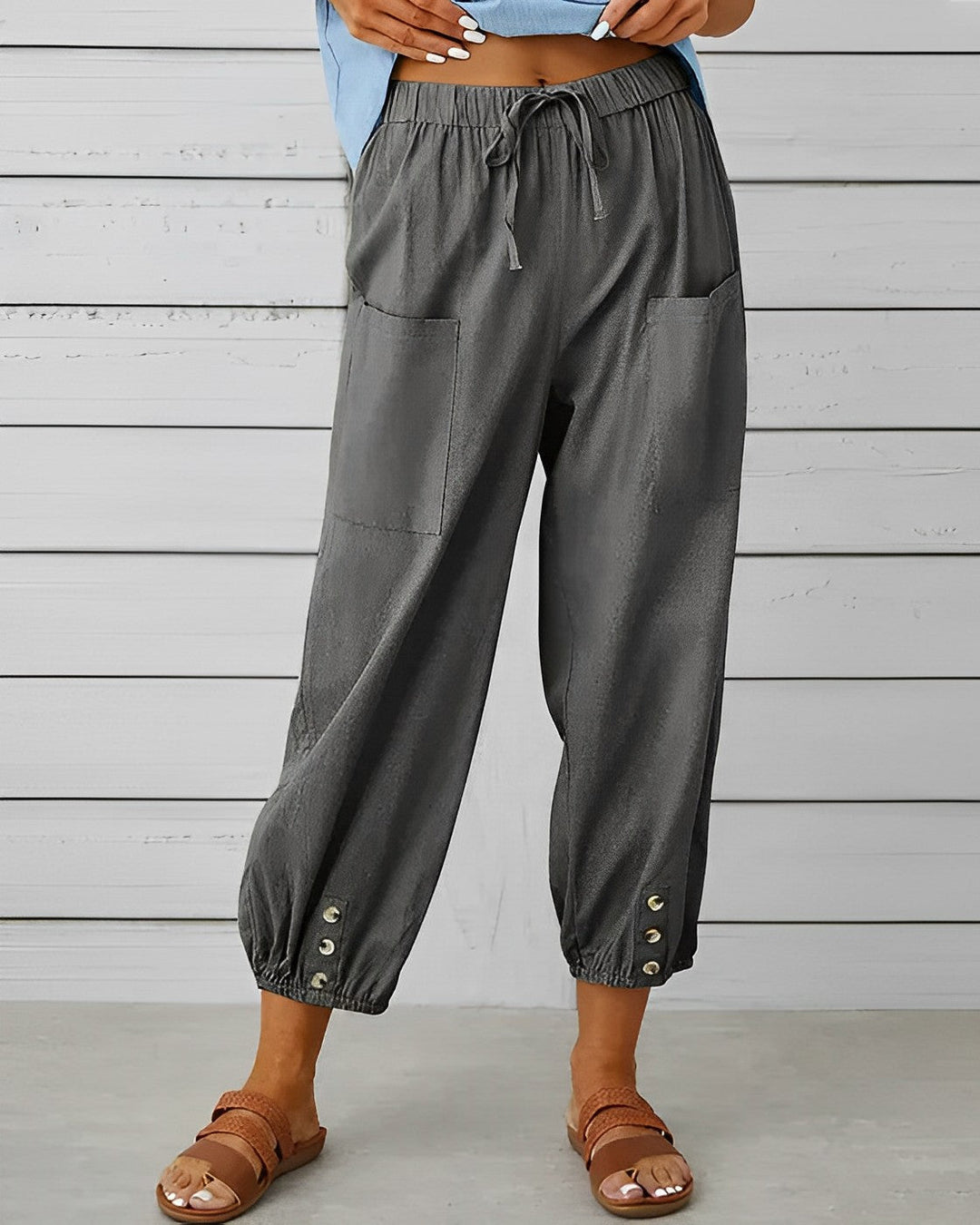 Virginia - Linen Trousers with Button Cuff — Dark grey