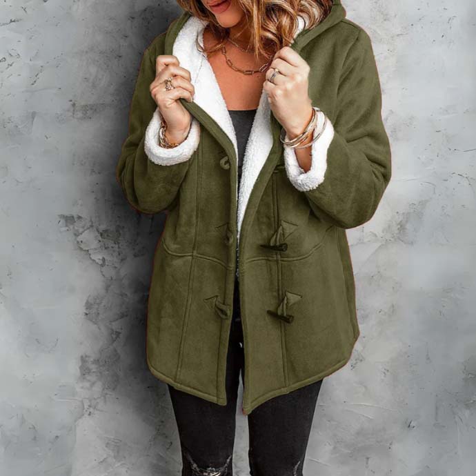 Olivia - Suede Duffle Coat with Sherpa — Army Green