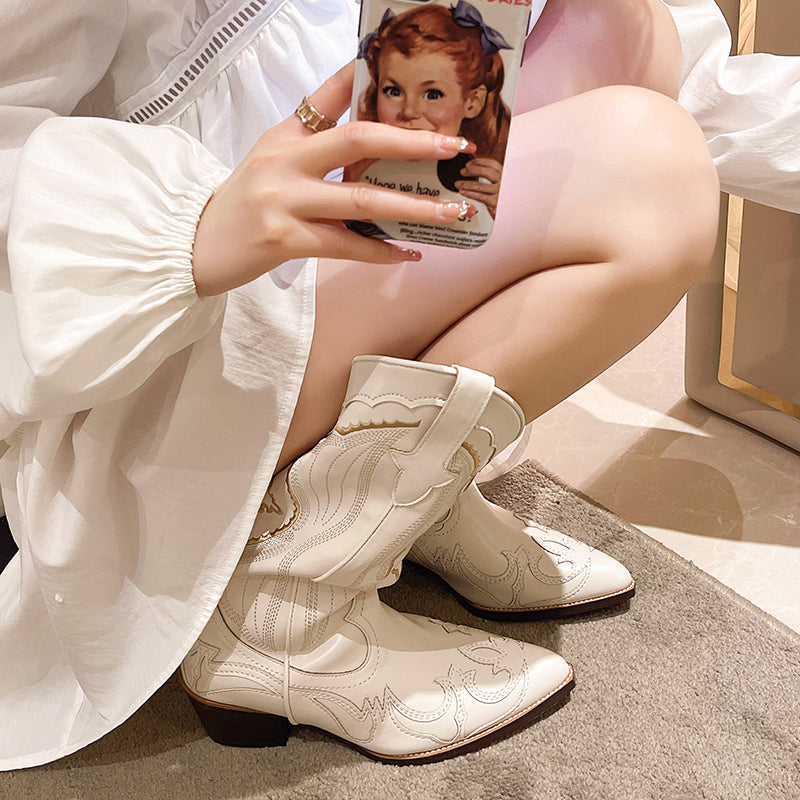Sophia - Cream Embroidered Western Boots