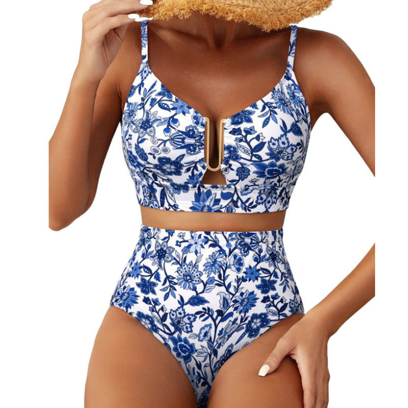 Gwendolyn - Floral Bikini with Gold Trim — Blue Flowers