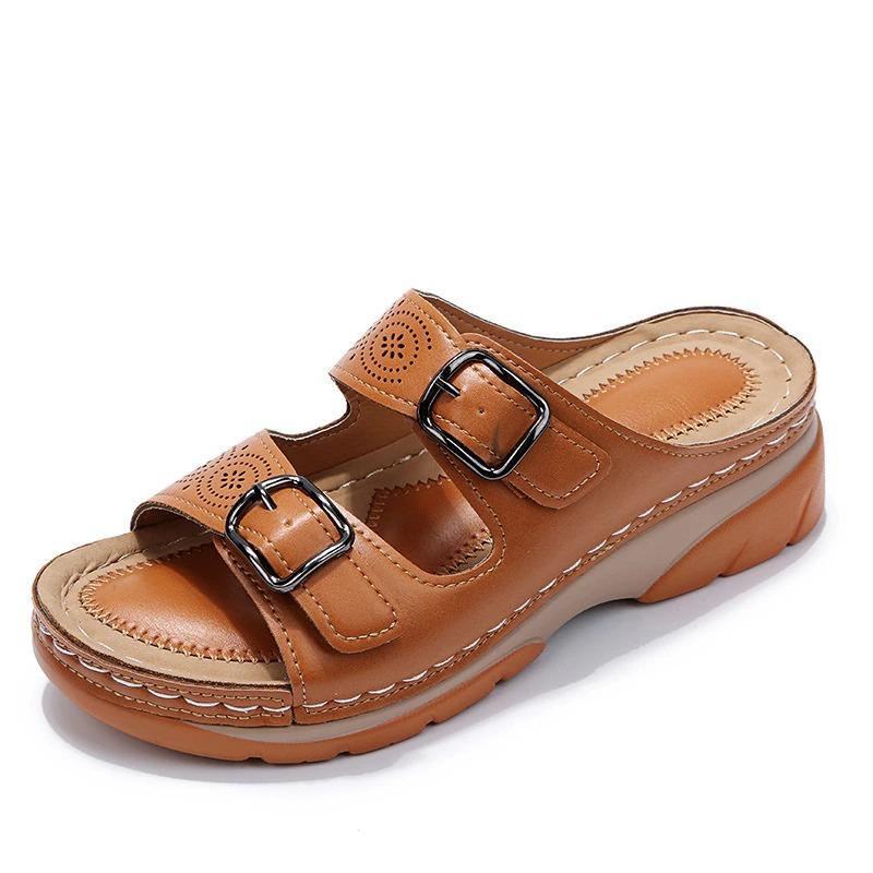 Jacqueline - Double Buckle Leather Slides